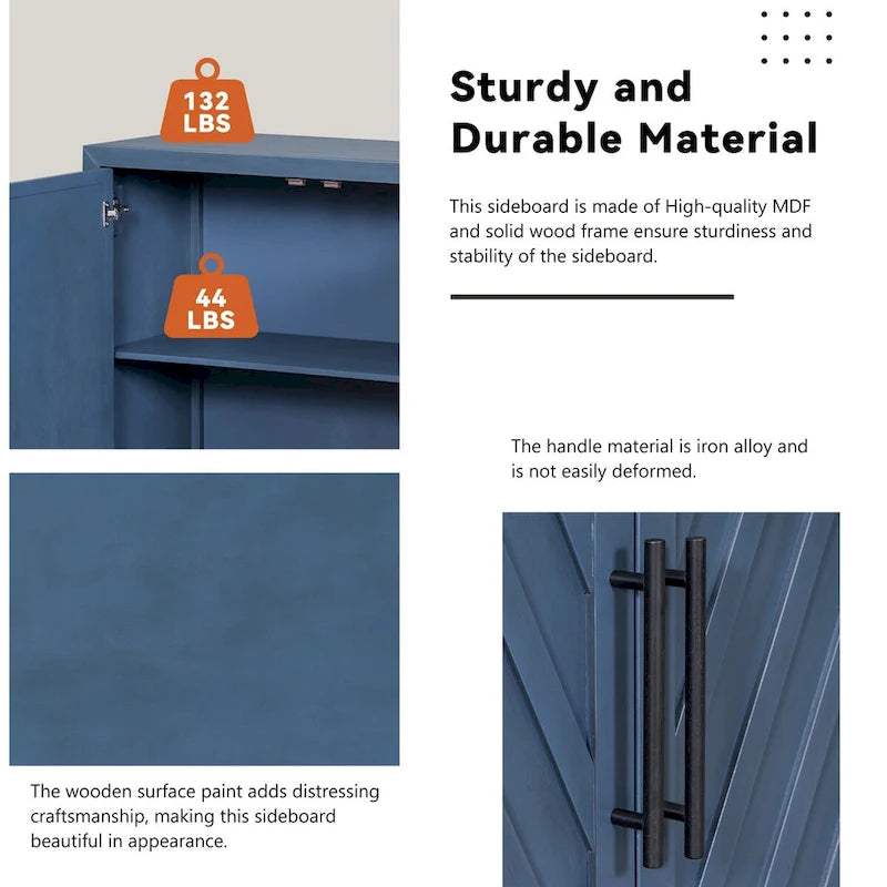 3-Door Sideboard Cabinet with Adjustable Shelves and Black Handles