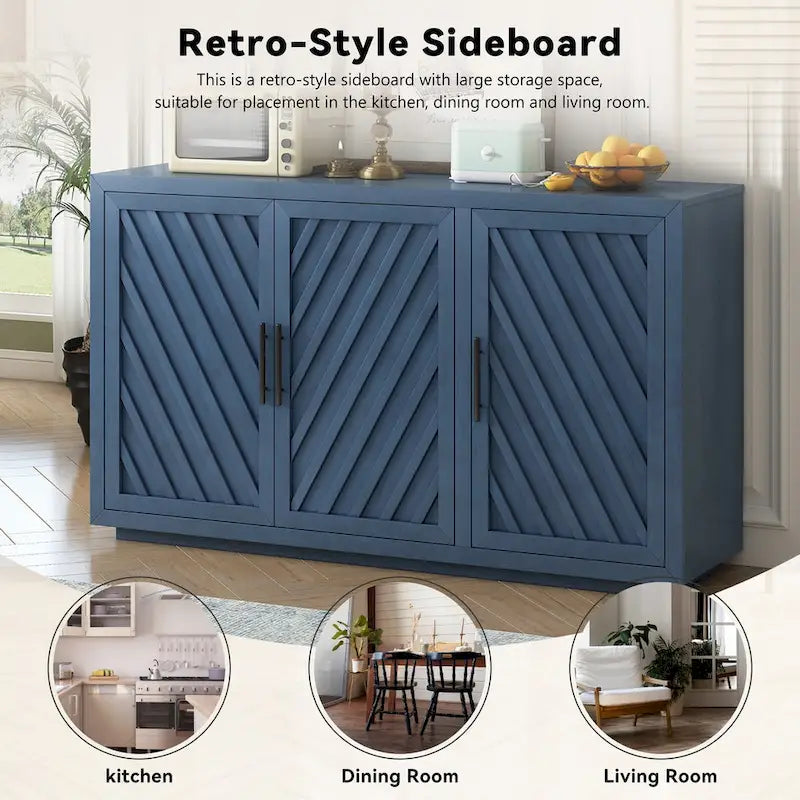 3-Door Sideboard Cabinet with Adjustable Shelves and Black Handles
