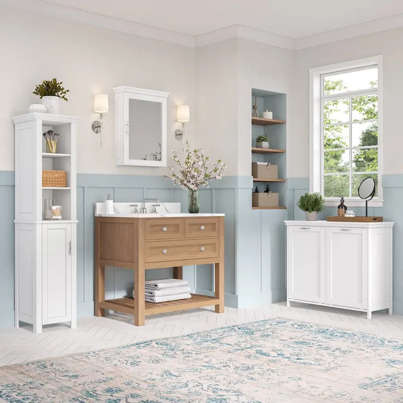 Tall Single-Door Bathroom Cabinet with Open Shelves and Adjustable Storage