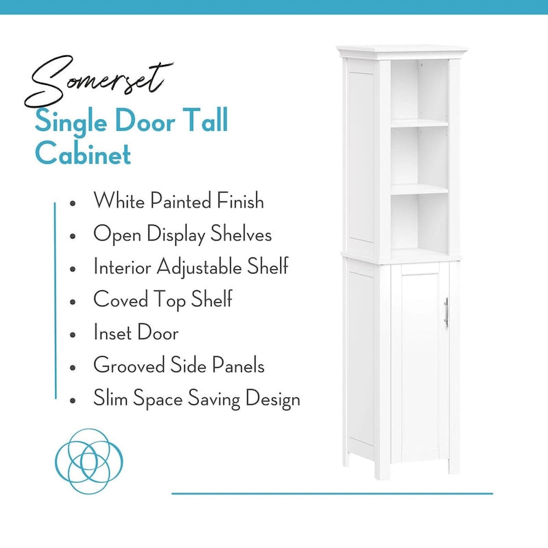 Tall Single-Door Bathroom Cabinet with Open Shelves and Adjustable Storage