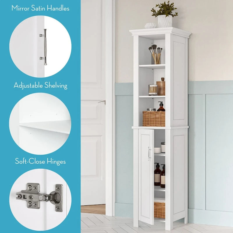 Tall Single-Door Bathroom Cabinet with Open Shelves and Adjustable Storage