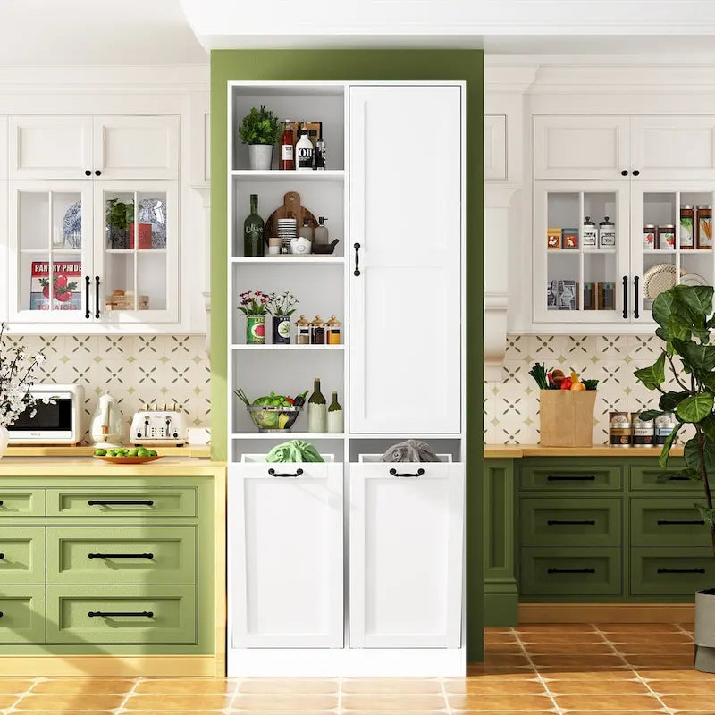 White Storage Cabinet with Rotating Drawers, Glass Doors and Open Shelves