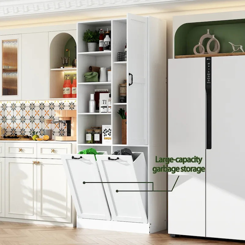 White Storage Cabinet with Rotating Drawers, Glass Doors and Open Shelves