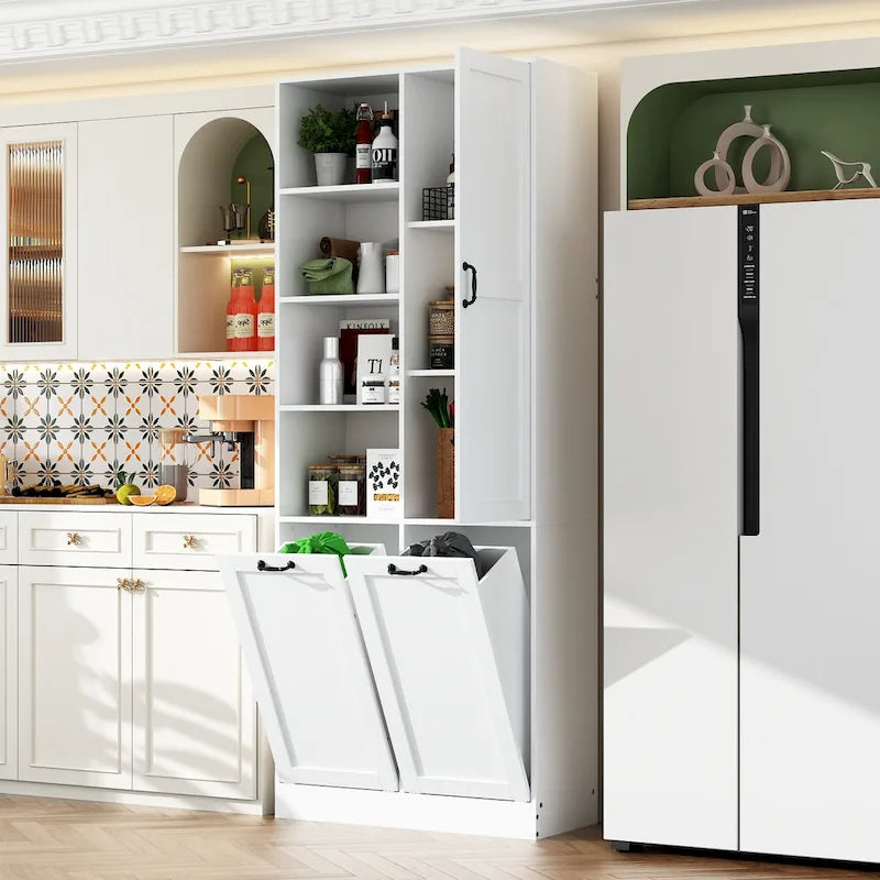 White Storage Cabinet with Rotating Drawers, Glass Doors and Open Shelves
