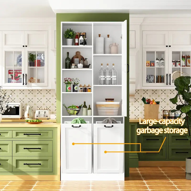 White Storage Cabinet with Rotating Drawers, Glass Doors and Open Shelves