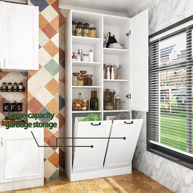 White Storage Cabinet with Rotating Drawers, Glass Doors and Open Shelves
