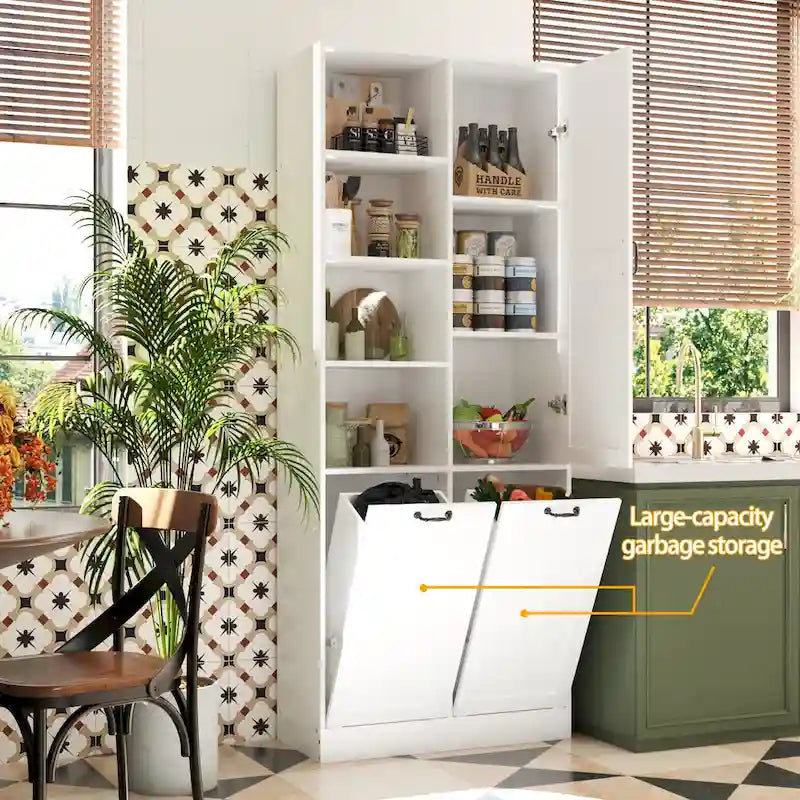 White Storage Cabinet with Rotating Drawers, Glass Doors and Open Shelves