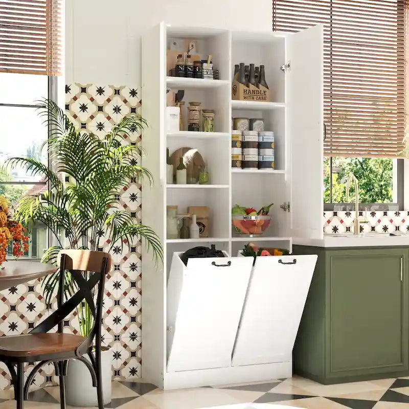 White Storage Cabinet with Rotating Drawers, Glass Doors and Open Shelves