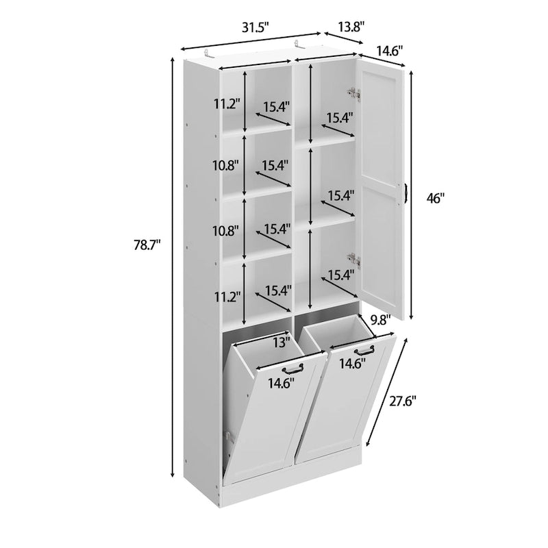 White Storage Cabinet with Rotating Drawers, Glass Doors and Open Shelves