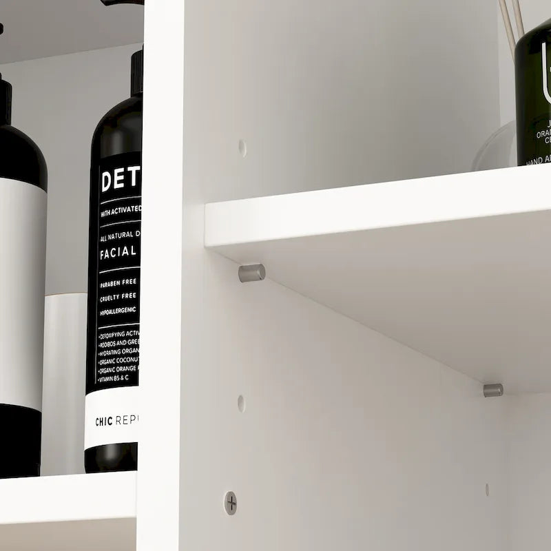 White Storage Cabinet with Rotating Drawers, Glass Doors and Open Shelves