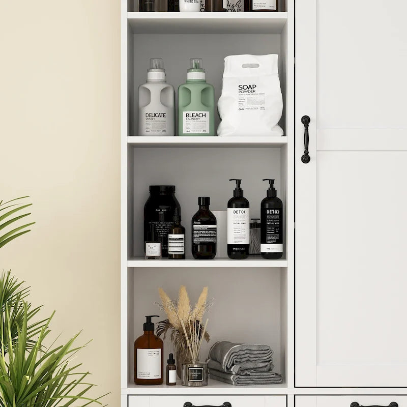 White Storage Cabinet with Rotating Drawers, Glass Doors and Open Shelves