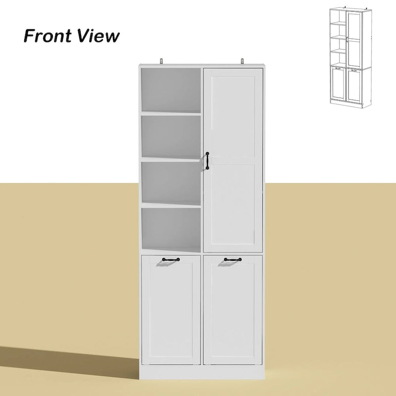 White Storage Cabinet with Rotating Drawers, Glass Doors and Open Shelves