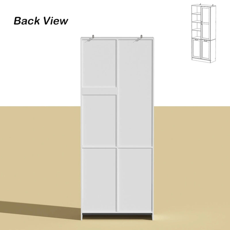 White Storage Cabinet with Rotating Drawers, Glass Doors and Open Shelves
