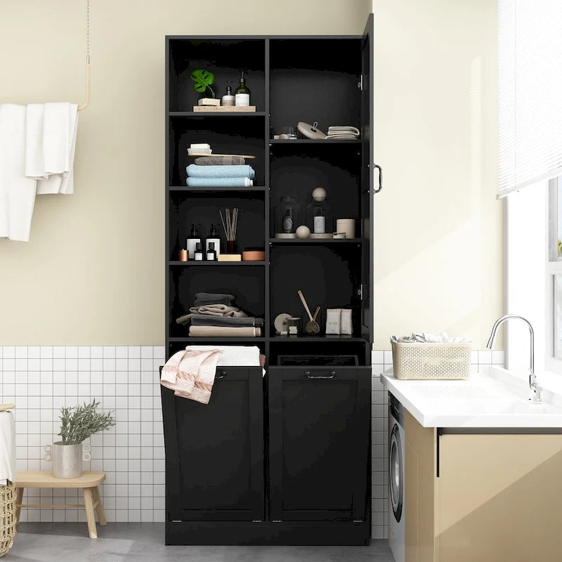 White Storage Cabinet with Rotating Drawers, Glass Doors and Open Shelves