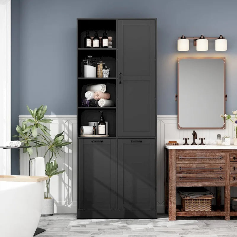 White Storage Cabinet with Rotating Drawers, Glass Doors and Open Shelves