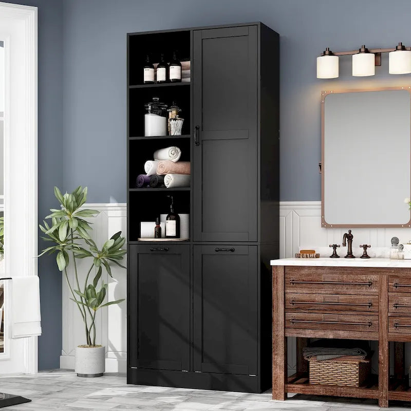 White Storage Cabinet with Rotating Drawers, Glass Doors and Open Shelves