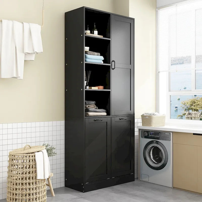 White Storage Cabinet with Rotating Drawers, Glass Doors and Open Shelves