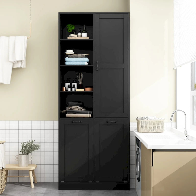 White Storage Cabinet with Rotating Drawers, Glass Doors and Open Shelves