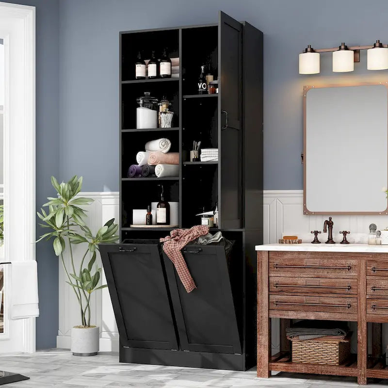 White Storage Cabinet with Rotating Drawers, Glass Doors and Open Shelves