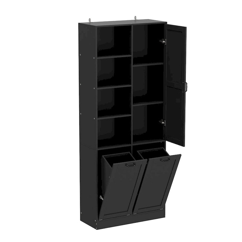 White Storage Cabinet with Rotating Drawers, Glass Doors and Open Shelves