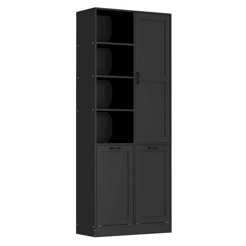 White Storage Cabinet with Rotating Drawers, Glass Doors and Open Shelves