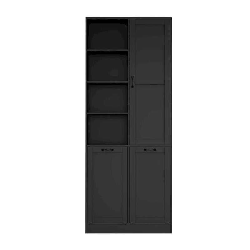 White Storage Cabinet with Rotating Drawers, Glass Doors and Open Shelves