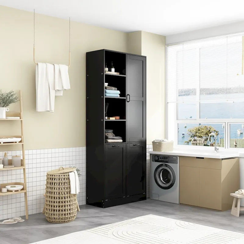 White Storage Cabinet with Rotating Drawers, Glass Doors and Open Shelves