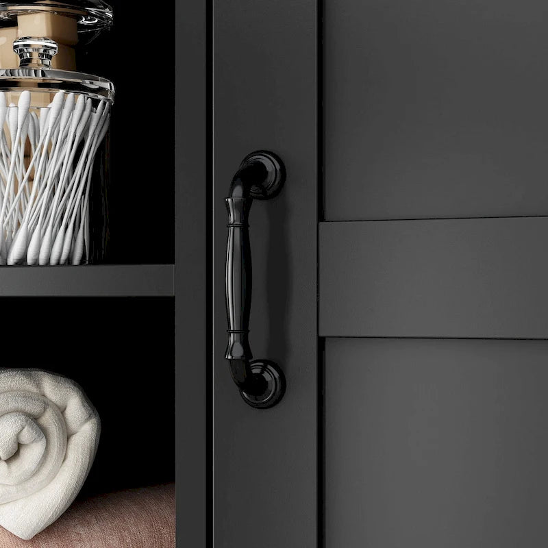 White Storage Cabinet with Rotating Drawers, Glass Doors and Open Shelves