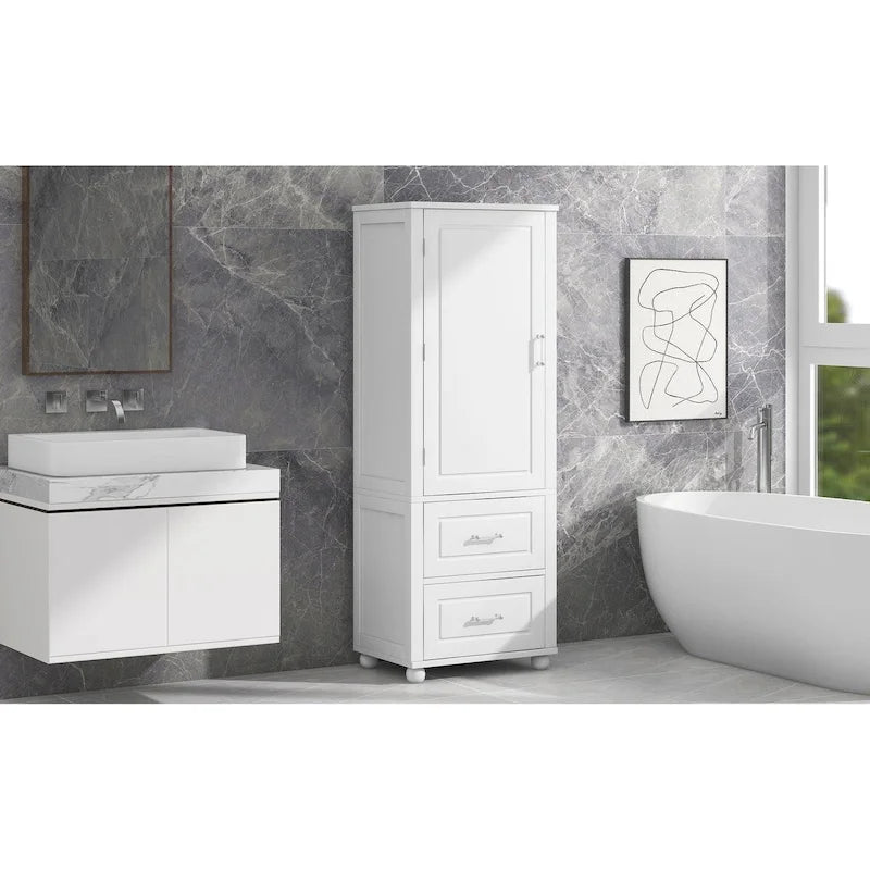 Tall Freestanding Bathroom Cabinet with 2 Drawers and Adjustable Shelves
