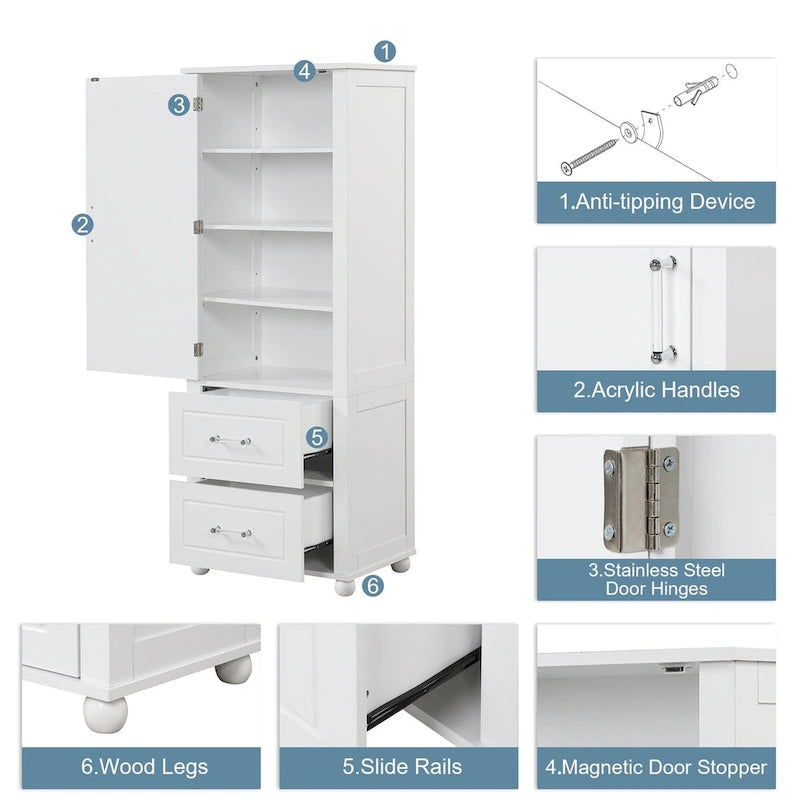 Tall Freestanding Bathroom Cabinet with 2 Drawers and Adjustable Shelves