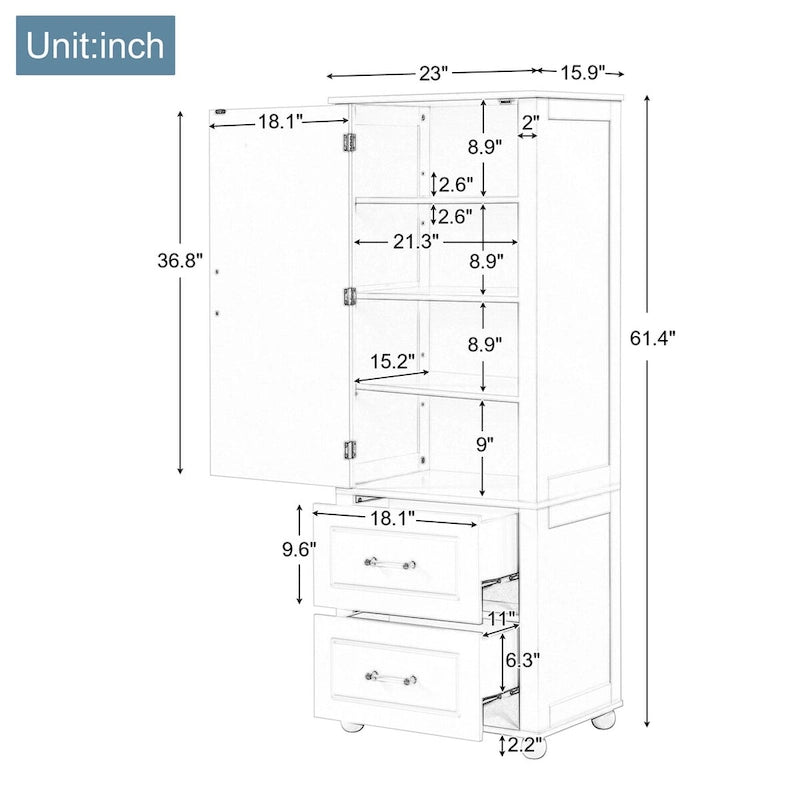 Tall Freestanding Bathroom Cabinet with 2 Drawers and Adjustable Shelves