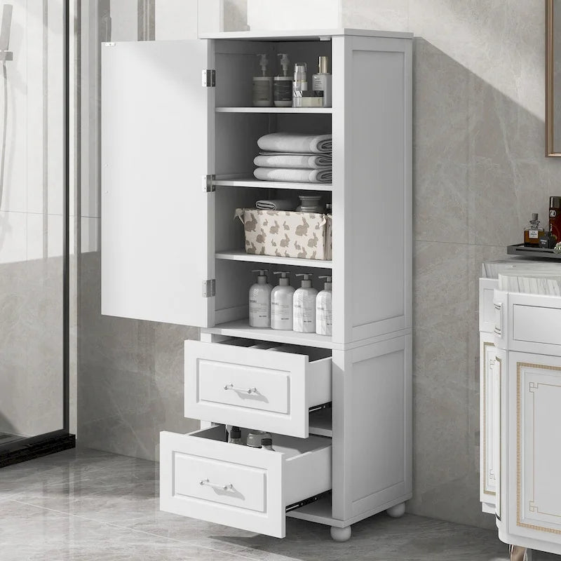 Tall Freestanding Bathroom Cabinet with 2 Drawers and Adjustable Shelves