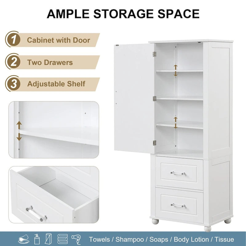 Tall Freestanding Bathroom Cabinet with 2 Drawers and Adjustable Shelves