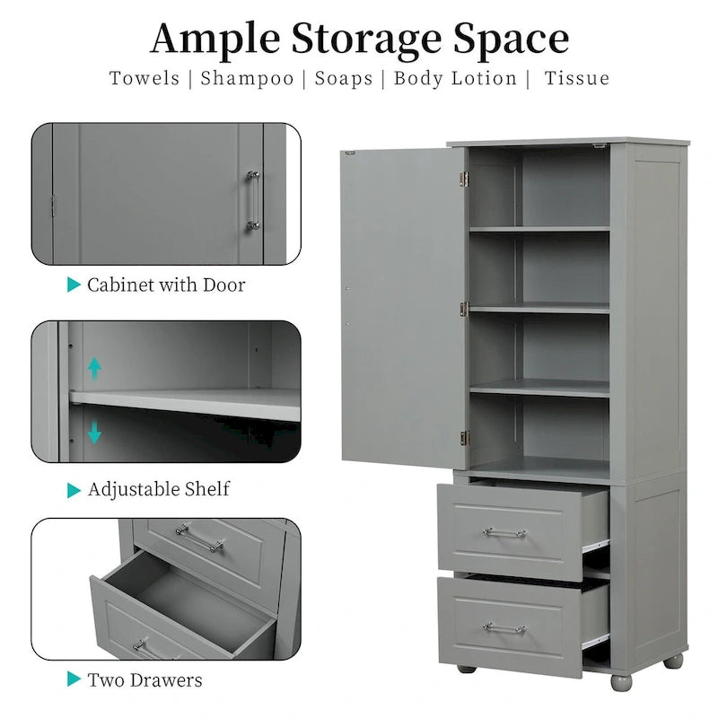 Tall Freestanding Bathroom Cabinet with 2 Drawers and Adjustable Shelves