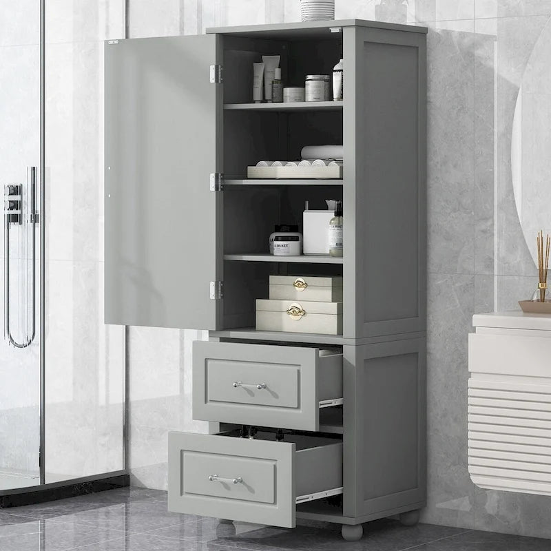 Tall Freestanding Bathroom Cabinet with 2 Drawers and Adjustable Shelves