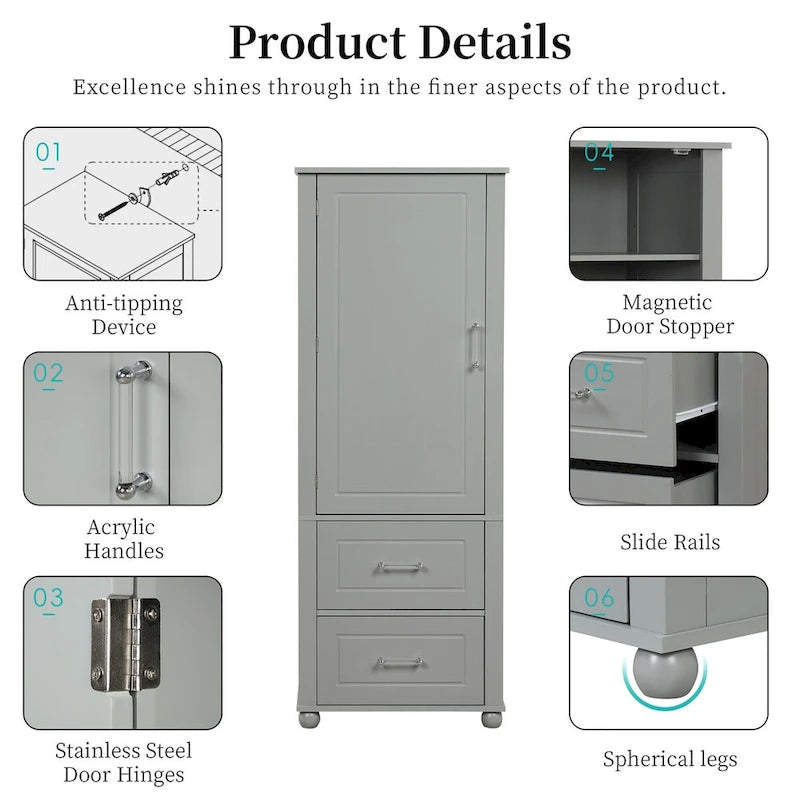 Tall Freestanding Bathroom Cabinet with 2 Drawers and Adjustable Shelves