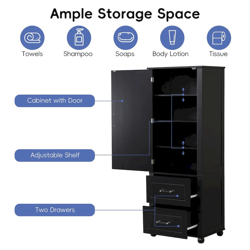 Tall Freestanding Bathroom Cabinet with 2 Drawers and Adjustable Shelves