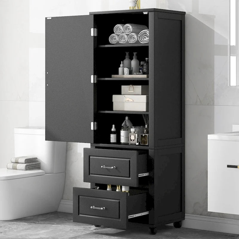 Tall Freestanding Bathroom Cabinet with 2 Drawers and Adjustable Shelves