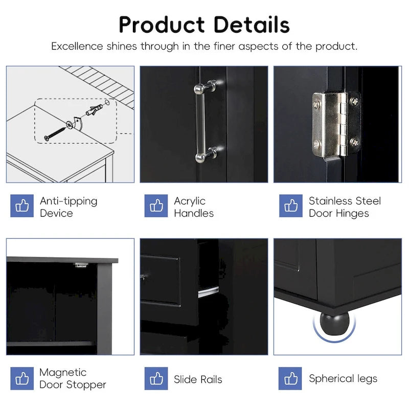 Tall Freestanding Bathroom Cabinet with 2 Drawers and Adjustable Shelves