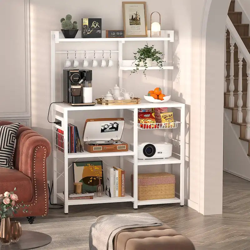 Bakers Rack with Power Outlet and LED Light Strings, Kitchen Storage Shelf