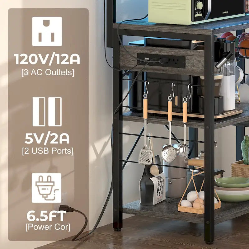 Bakers Rack with Power Outlet and LED Light Strings, Kitchen Storage Shelf