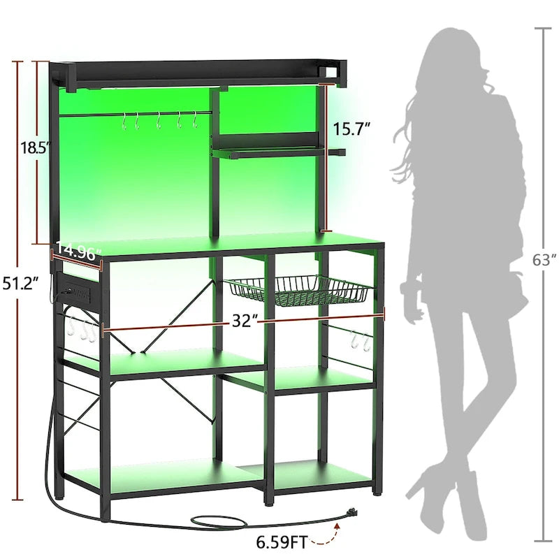 Bakers Rack with Power Outlet and LED Light Strings, Kitchen Storage Shelf