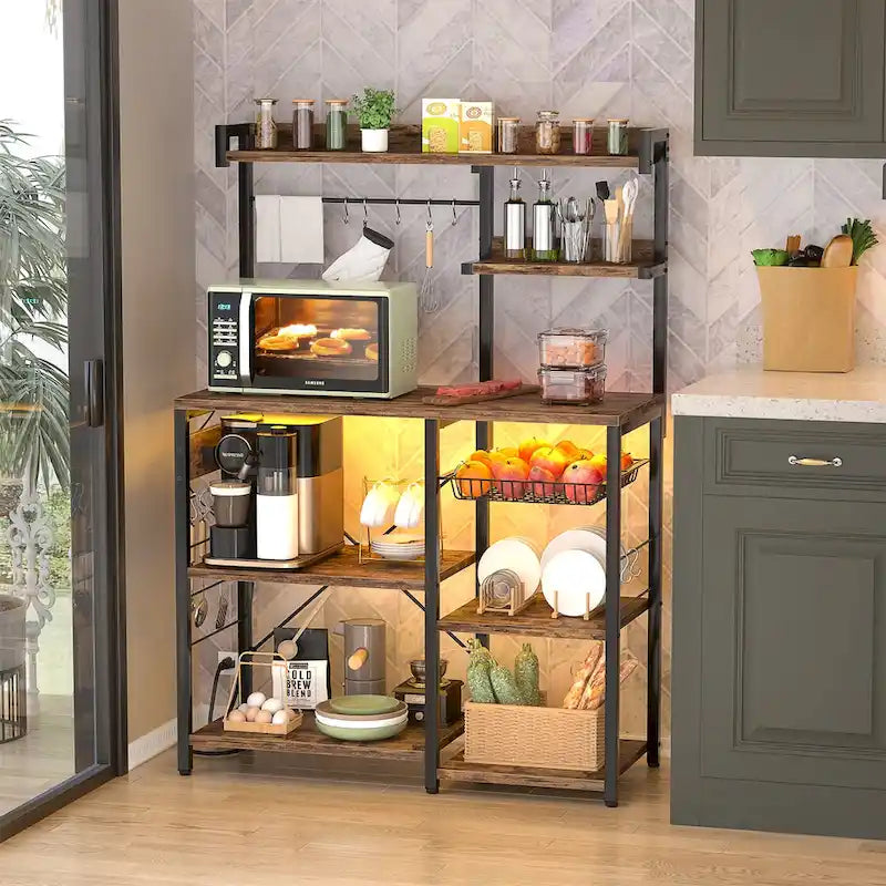 Bakers Rack with Power Outlet and LED Light Strings, Kitchen Storage Shelf
