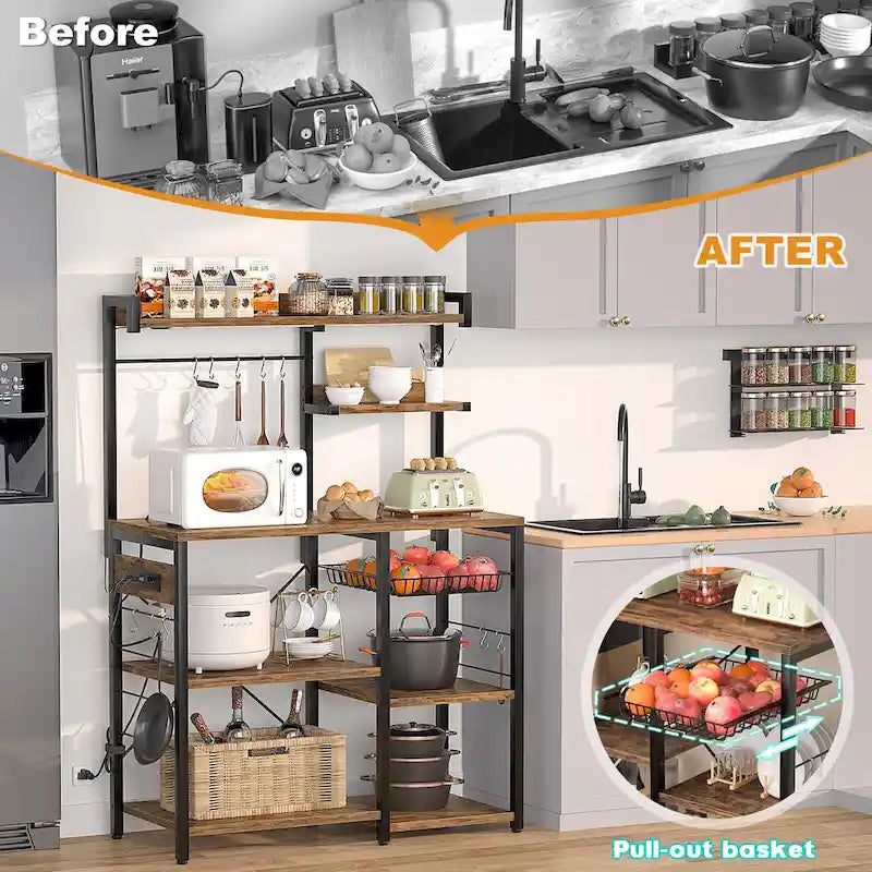 Bakers Rack with Power Outlet and LED Light Strings, Kitchen Storage Shelf