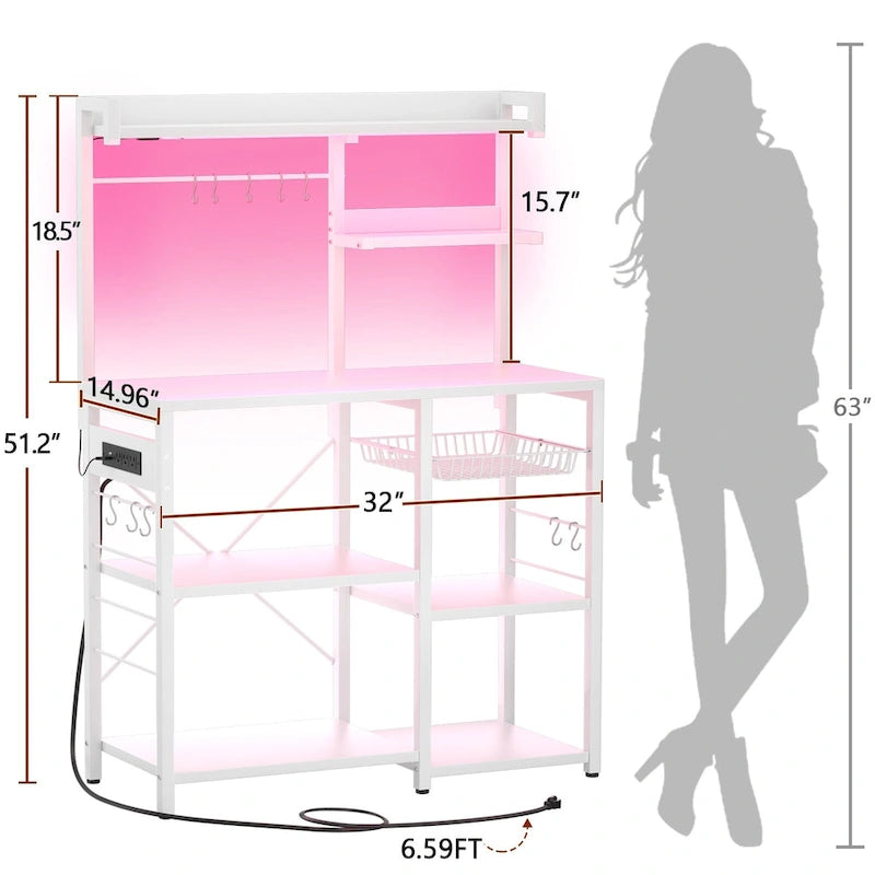 Bakers Rack with Power Outlet and LED Light Strings, Kitchen Storage Shelf